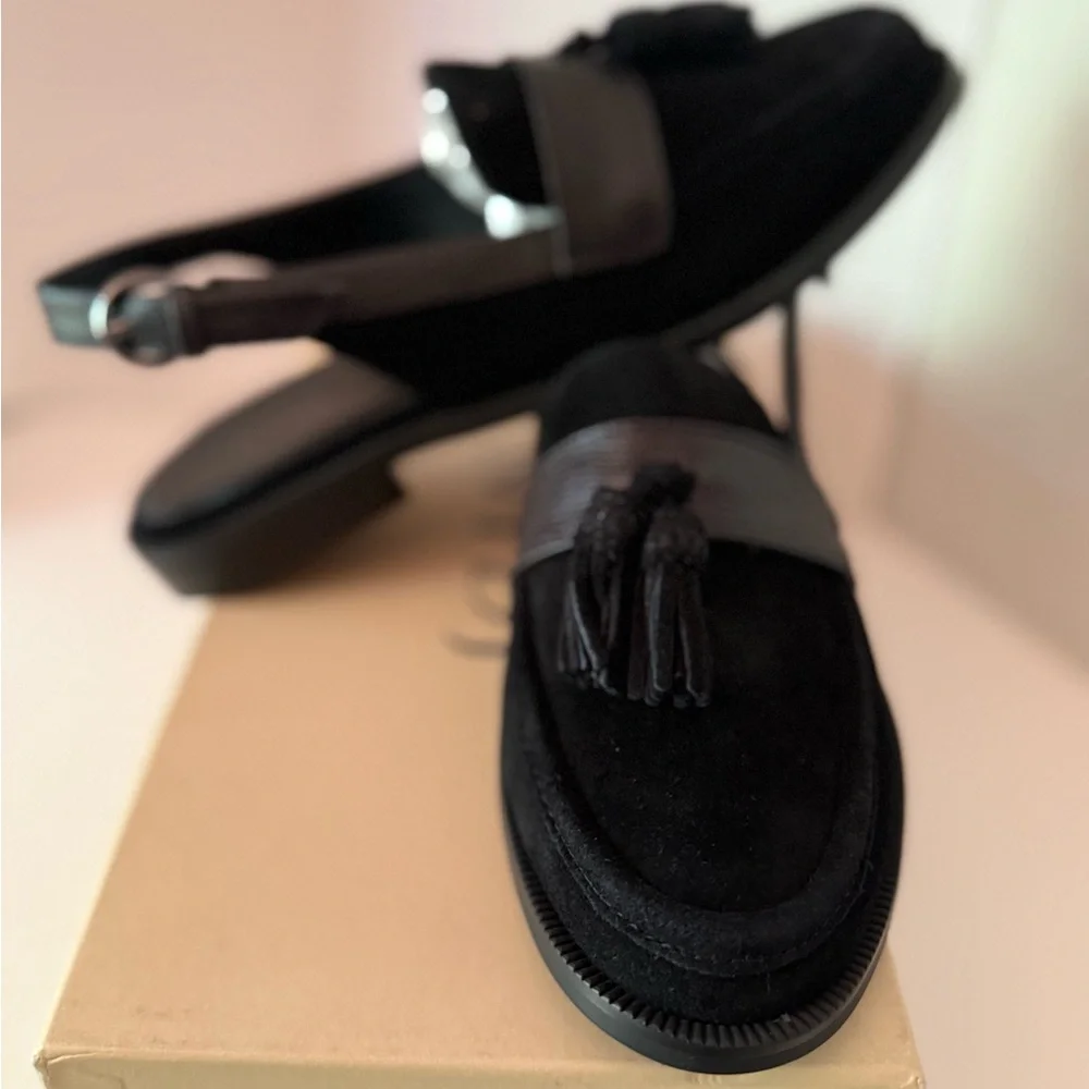 NYDJ Audrina 02 Black Suede Tassel Slingback Loafers Women’s 7 NEW